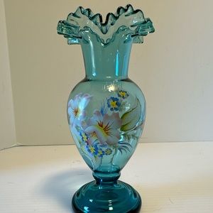 Art Glass Vase Painted Flowed Teal Blue Gorgeous Bohemian